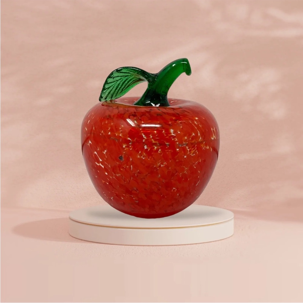 Unmarked Red Blown 4”‎ Glass Apple Paperweight Applied Green Stem